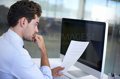 Buy stock photo Thinking, business and man reading contract, feedback for a project and financial report in workplace. Accountant, consultant and adviser with legal document and paperwork with review and employee