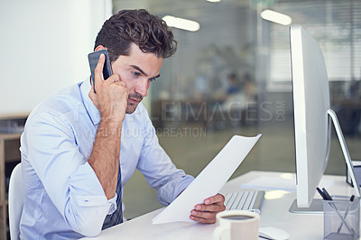 Buy stock photo Accountant, office and document with computer, phone call and technology for communication. Businessman, smartphone and contract for discussion, information and working with company or startup