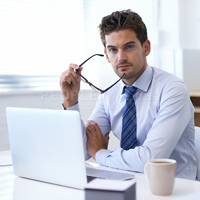 Buy stock photo Corporate, man and office with laptop in thinking for vision, business idea and plan with confidence. Businessman, contemplating and entrepreneurship development for project, growth and progress.