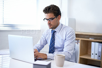 Buy stock photo Businessman, laptop and typing in online email or communication as financial consultant, research or internet. Male person, glasses and corporate company in New York or accounting, loan or investment