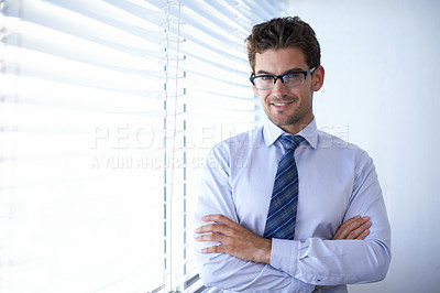 Buy stock photo Businessman, portrait and happy with arms crossed at workplace for professional career in finance, confidence and pride. Entrepreneur, face of employee and smile for relax, break and mockup space