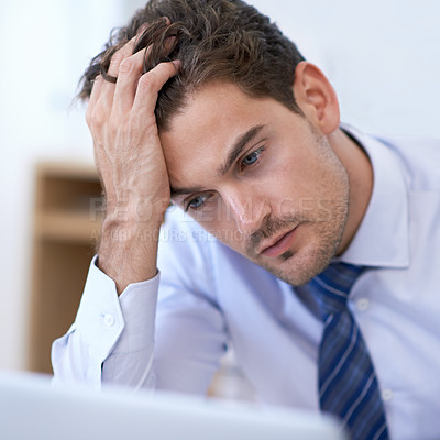 Buy stock photo Laptop, frustrated and business man with mistake, fail or stress with glitch in office. Computer, depression or serious professional with bankruptcy, taxes or challenge of financial crisis with error