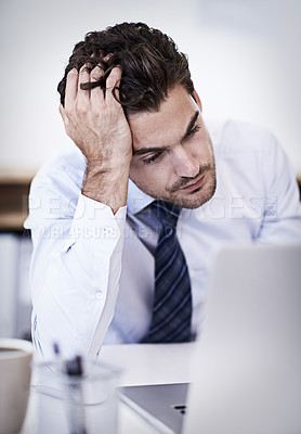 Buy stock photo Laptop, frustrated and business man with stress, fail or mistake with bad news in office. Computer, depression or serious professional with bankruptcy, taxes or challenge of financial crisis on email