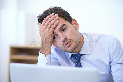 Buy stock photo Laptop, headache and business man with stress, fail or mistake with bad news in office. Computer, depression and serious professional with bankruptcy, taxes or challenge of financial crisis on email