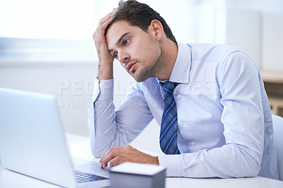 Buy stock photo Laptop, frustrated or business man with depression, fail or overwork in office for mistake. Computer, stress or serious professional with bankruptcy, taxes or challenge of financial crisis with email