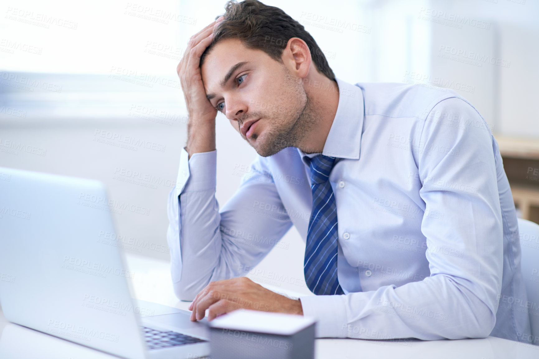 Buy stock photo Laptop, frustrated or business man with depression, fail or overwork in office for mistake. Computer, stress or serious professional with bankruptcy, taxes or challenge of financial crisis with email