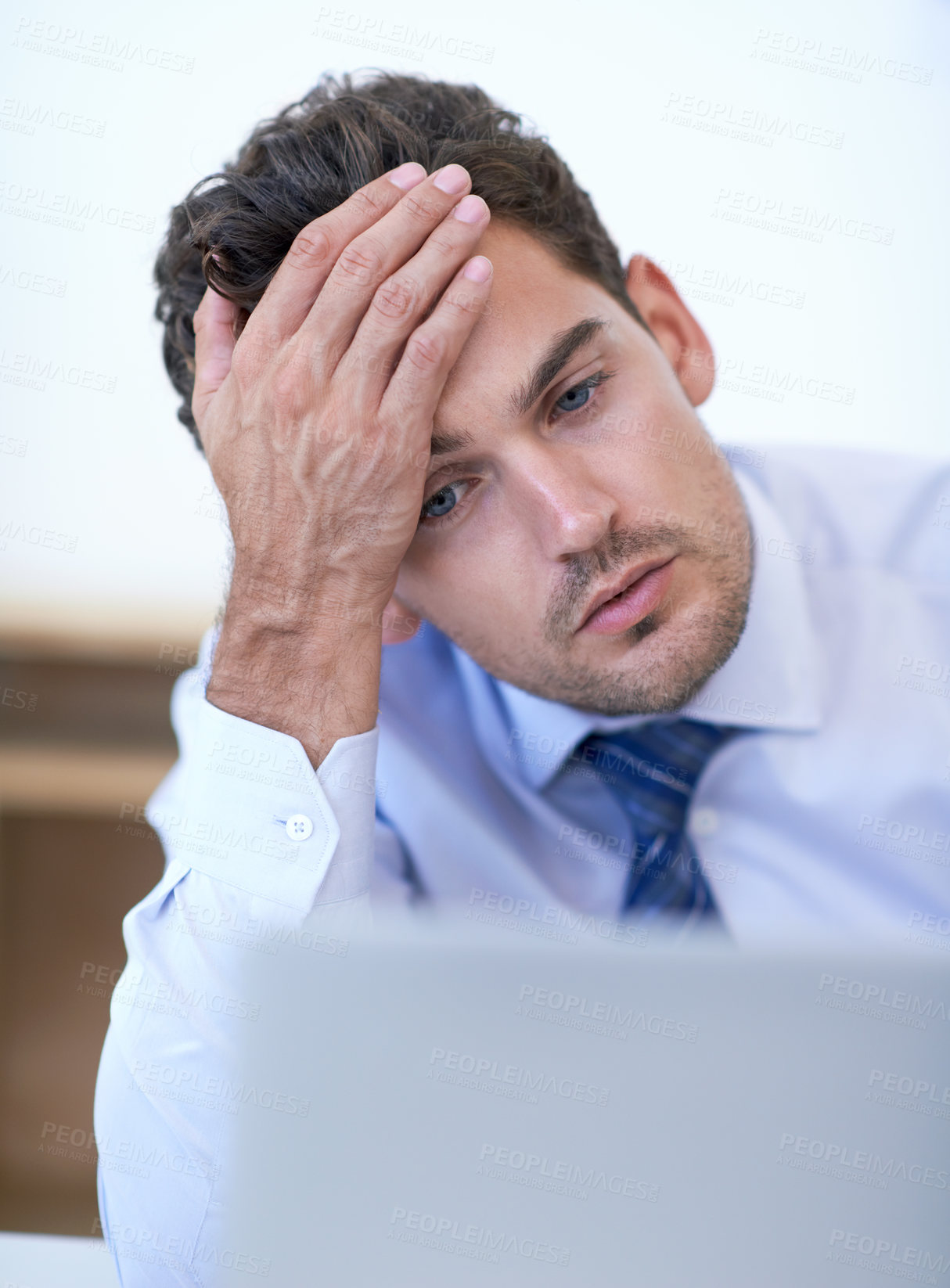 Buy stock photo Laptop, frustrated and business man with stress, fail or mistake with glitch in office. Computer, depression or serious professional with bankruptcy, taxes or challenge of financial crisis with error