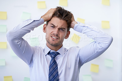 Buy stock photo Portrait, stress and man with business, headache and employee with anxiety and pain. Face, person and worker with migraine or frustrated with burnout or depression with accountant, mistake or finance