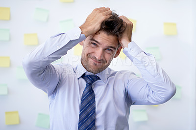 Buy stock photo Portrait, burnout and man with business, headache and employee with anxiety, tax and pain. Face, person and worker with migraine or stress with audit or depression with accountant, mistake or startup