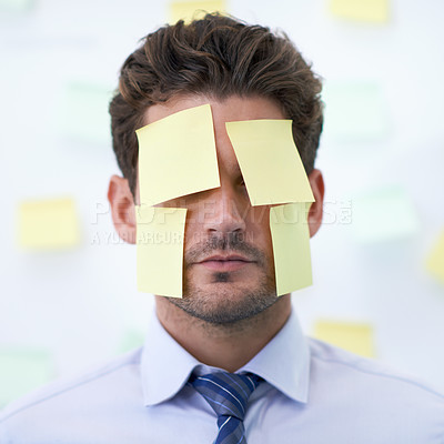 Buy stock photo Man, sticky note and face for business stress as schedule reminder or list for meeting, deadline or brainstorming. Male person, employee and paper or New York corporate for memo, anxiety or burnout