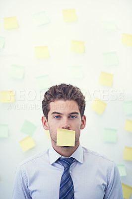Buy stock photo Man, portrait and sticky note for business stress as schedule reminder for meeting list, deadline or brainstorming. Male person, employee and paper or New York corporate or memo, anxiety or burnout