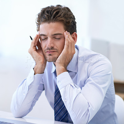 Buy stock photo Fatigue, headache and business man with pain, stress and anxiety for overwork in office. Migraine, depression and professional massage temples for burnout, sick and tired person frustrated in company