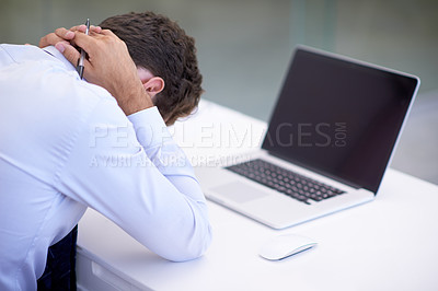 Buy stock photo Business, neck pain and man with laptop, fatigue and deadline with burnout and professional. Person, office and employee with computer and startup with frustrated and tired with a mistake and stress