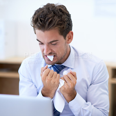 Buy stock photo Businessman, anger and eating paper with stress, overwhelmed and burnout at workplace. Professional man, overworked and frustrated with document in office for deadline, project or administration
