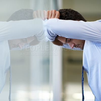 Buy stock photo Business, frustrated and man with burnout, headache and overworked with fatigue and mental health. Migraine, employee and consultant with pain and professional with pain and fail with mistake and sad