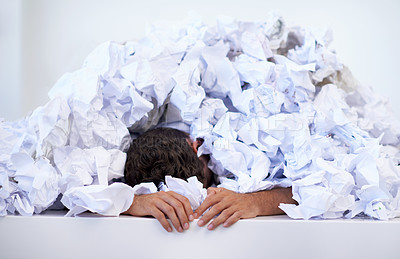 Buy stock photo Man, desk and sleep with pile of paperwork, crisis and tired with burnout, stress and administration. Fatigue, audit and person lost in documents, overworked and overwhelmed with pressure in office.
