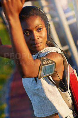 Buy stock photo Portrait, girl and exercise on bars outdoor of pull up performance, sports workout and listening to music. Athlete, woman and headphones on rail of fitness training, strong muscle and morning routine