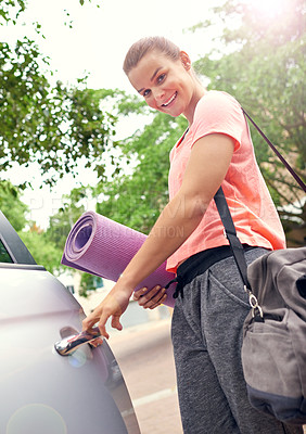 Buy stock photo Car door, leaving and yoga with portrait of woman outdoor for fitness or exercise routine and travel. Handle, opening and smile with happy yogi person carrying mat for holistic or wellness activity