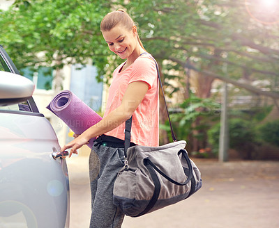 Buy stock photo Car, woman and opening door with yoga mat for travel, morning commute and wellness. Healthy, driver and happy pilates instructor ready to leave for trip, class and transportation in motor vehicle