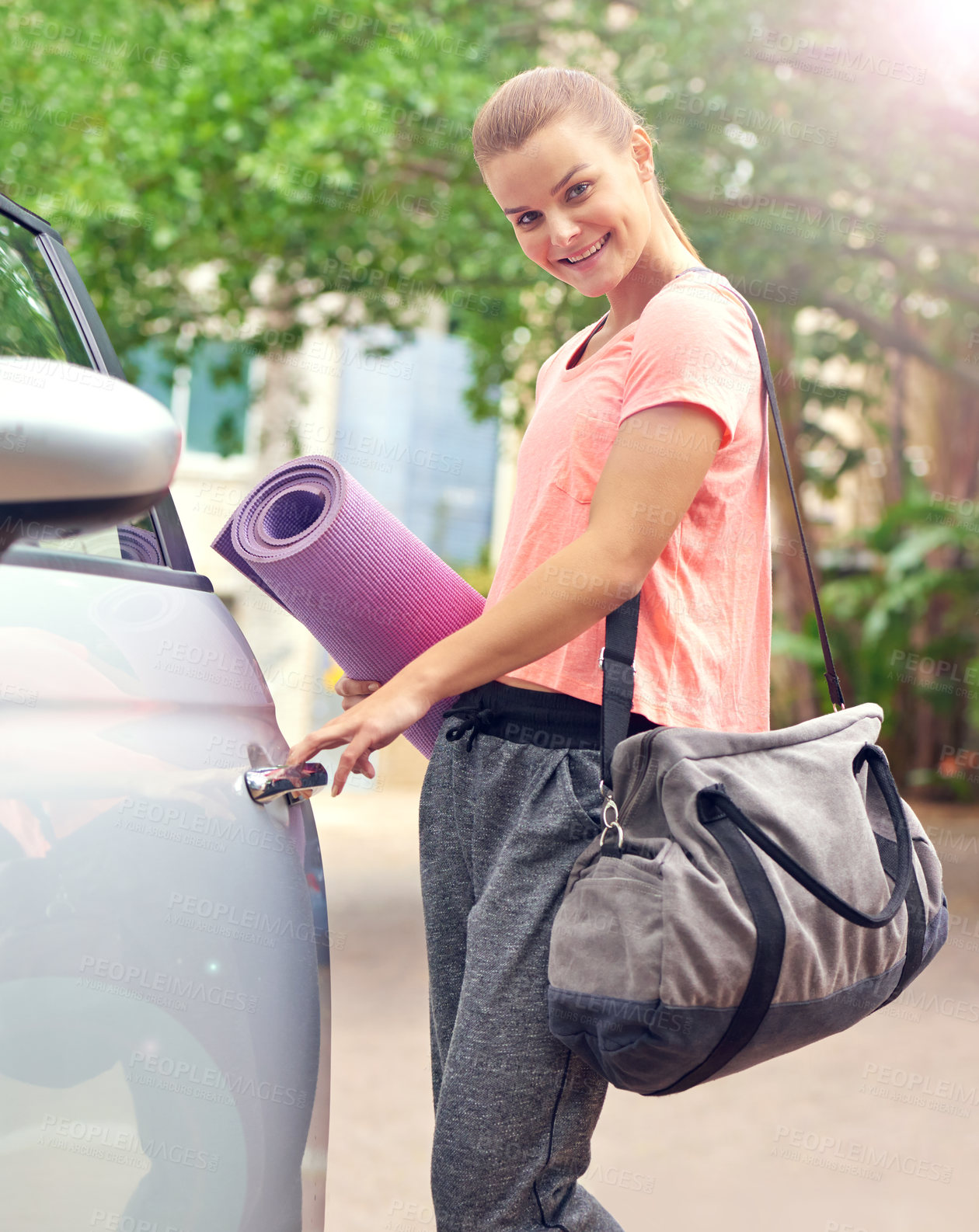 Buy stock photo Portrait, woman and opening door with yoga mat for travel, morning commute and wellness. Car, driver and happy pilates instructor ready to leave for trip, class and transportation in motor vehicle