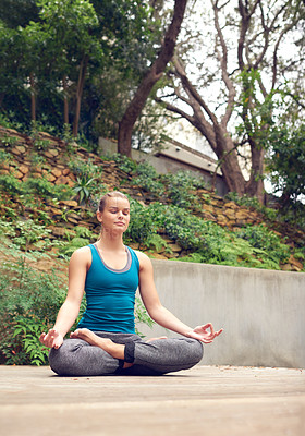 Buy stock photo Yoga, meditation and woman at park with lotus pose for peace, calm and practice mindfulness outdoor. Yogi, spiritual exercise and girl relax for zen, body health and fitness for holistic wellness