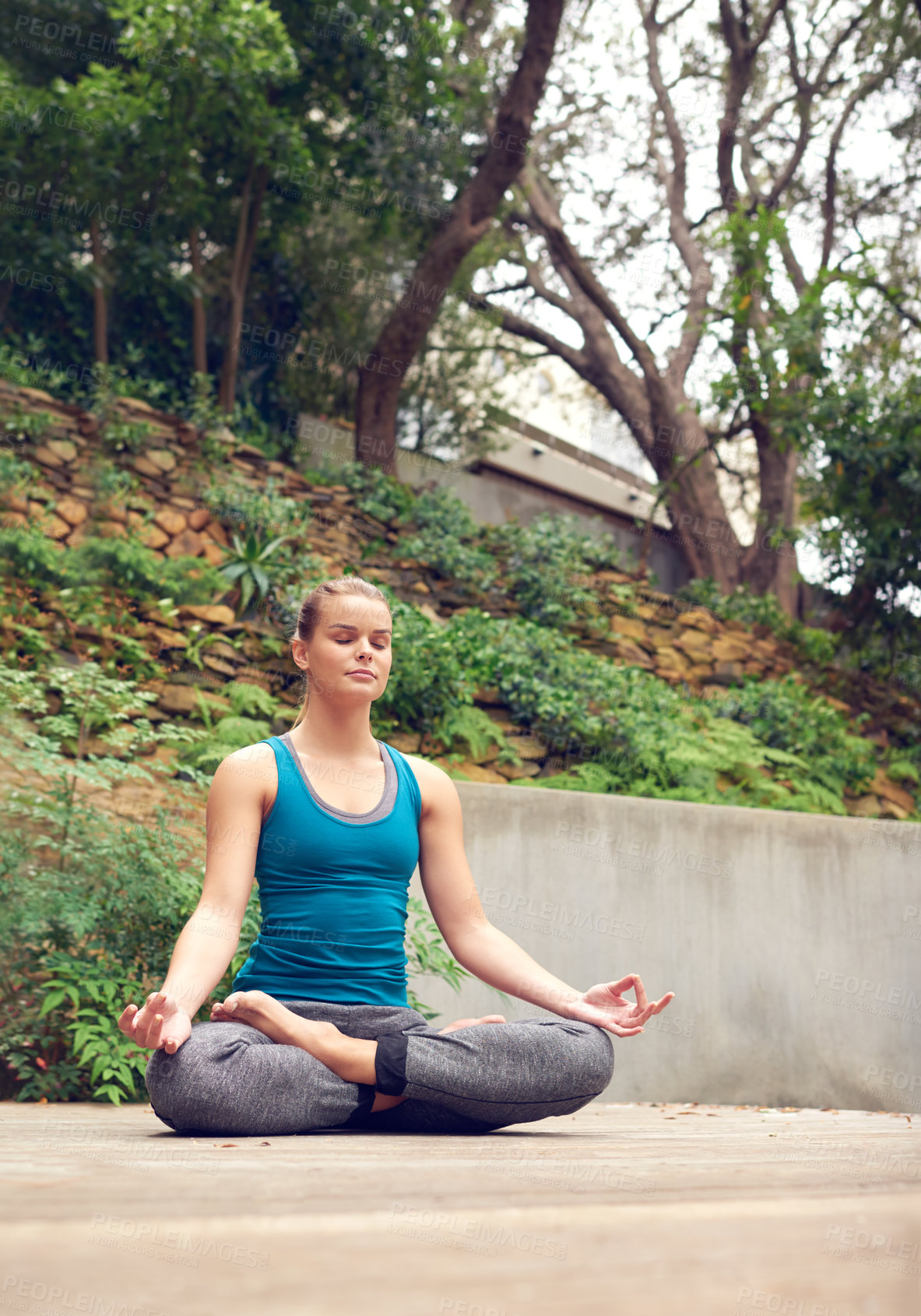 Buy stock photo Yoga, meditation and woman at park with lotus pose for peace, calm and practice mindfulness outdoor. Yogi, spiritual exercise and girl relax for zen, body health and fitness for holistic wellness