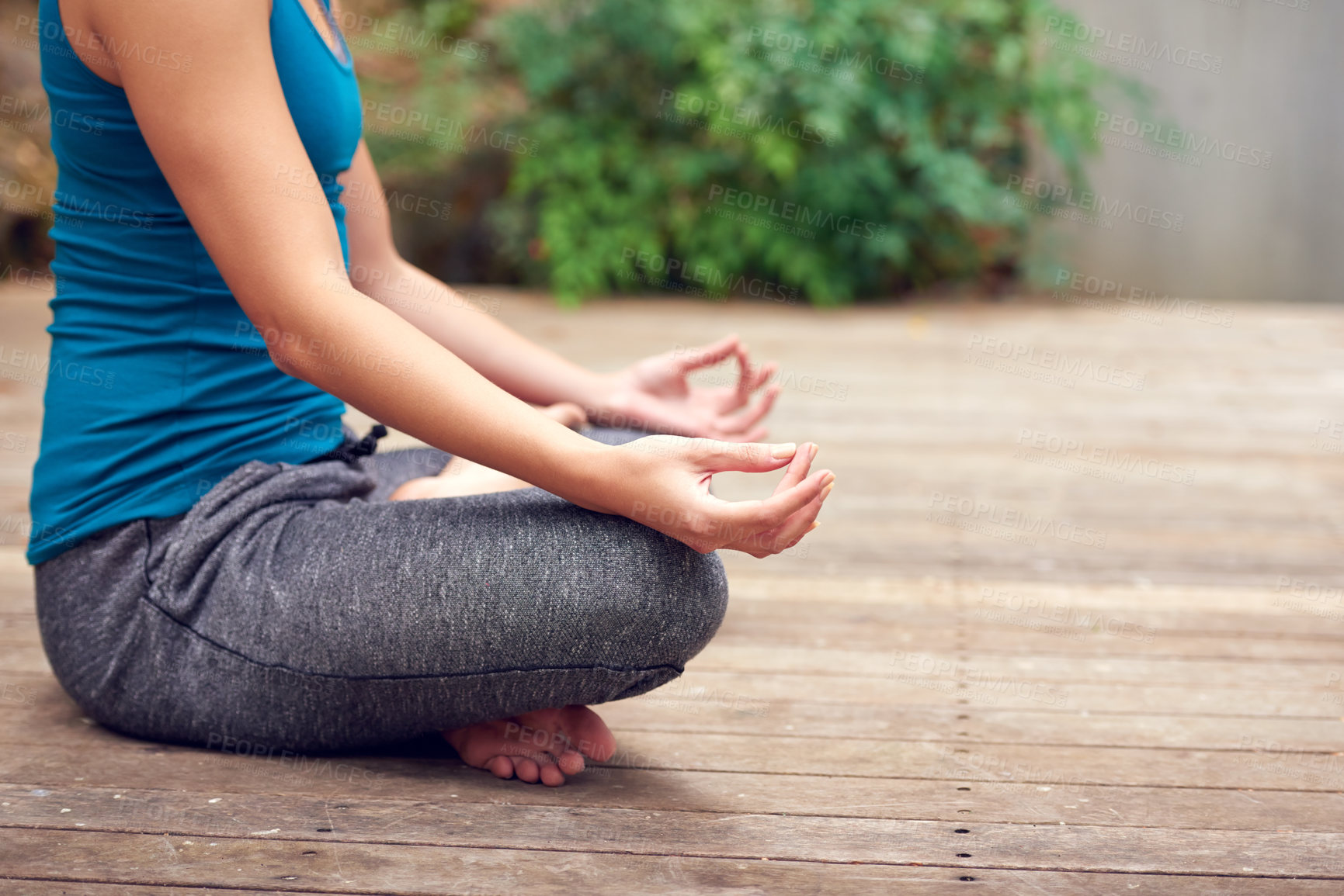 Buy stock photo Pilates, hands and lotus position with woman, balance and outdoor on home patio. Yoga, zen and spiritual chakra with girl, garden deck and health for holistic summer wellness or meditation confidence