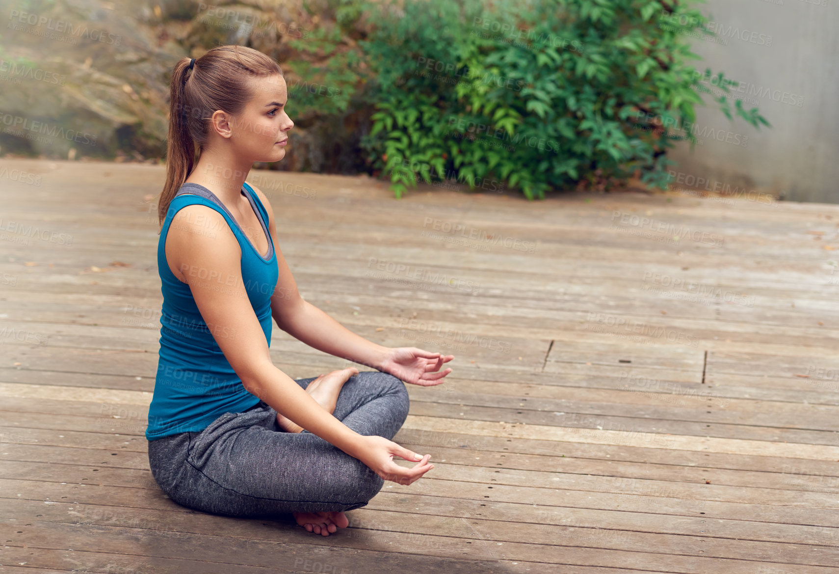 Buy stock photo Yoga, meditate and profile of girl with lotus pose for peace, calm or mindfulness to relax outdoor. Yogi, spiritual exercise and woman breathing for zen, body health and fitness for holistic wellness