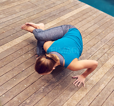 Buy stock photo Yoga, fitness and handstand with woman, balance and outdoor on home patio by pool. Exercise, zen and chakra with girl, wooden deck and core health workout for holistic summer wellness and confidence