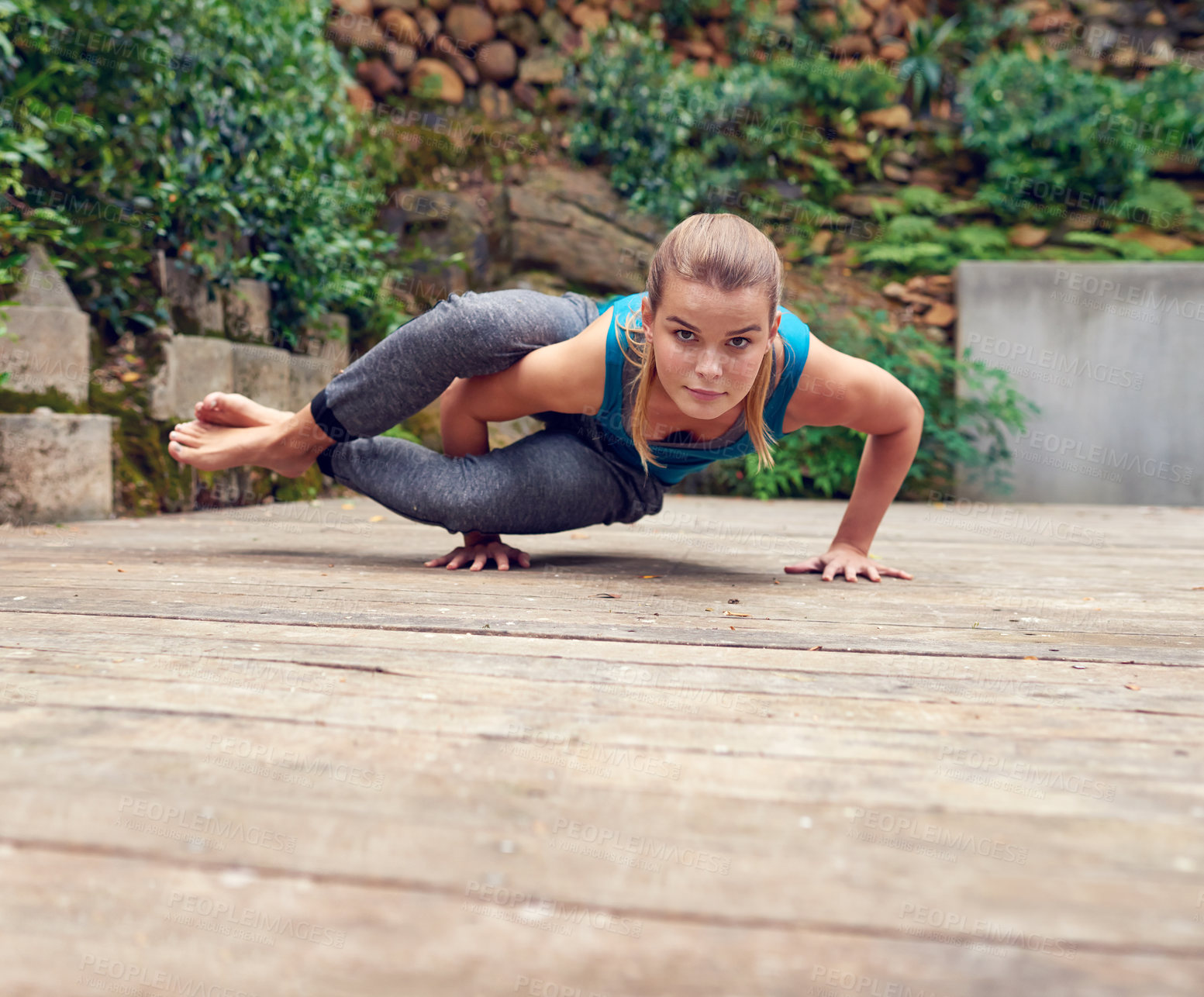 Buy stock photo Yoga, portrait and handstand with woman, balance and outdoor on home patio. Exercise, zen and chakra with girl, garden deck and health workout for holistic summer wellness and pilates meditation