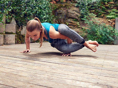 Buy stock photo Yoga, exercise and handstand with woman, balance and outdoor on home patio. Fitness, zen and chakra with girl, garden deck and health workout for holistic summer wellness and pilates meditation