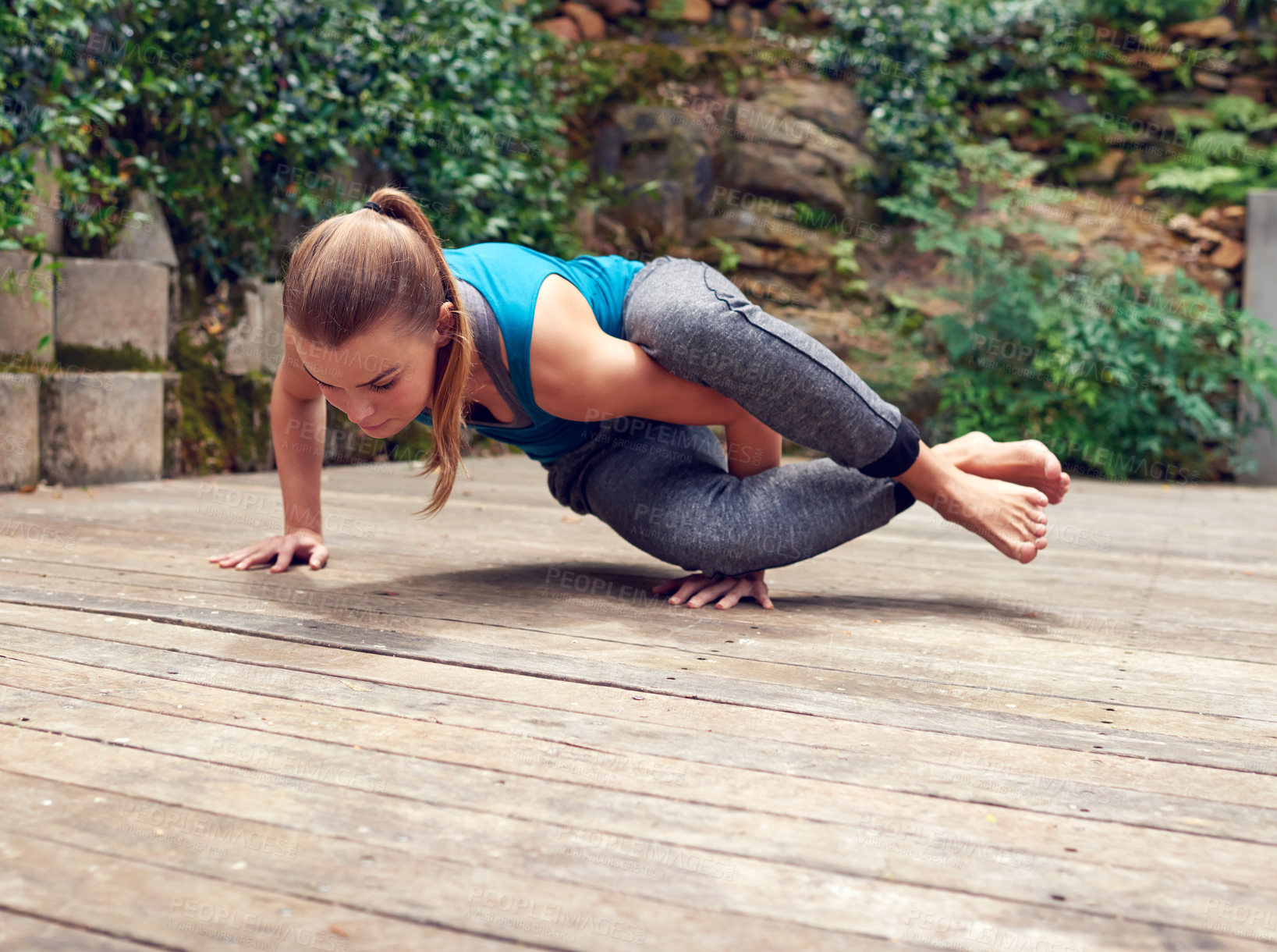 Buy stock photo Yoga, exercise and handstand with woman, balance and outdoor on home patio. Fitness, zen and chakra with girl, garden deck and health workout for holistic summer wellness and pilates meditation