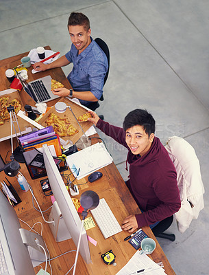 Buy stock photo Business people, men and portrait while eating with top view for deadline, pizza and coworking company. Programmer, teamwork and technology on lunch with fast food, happiness and software development