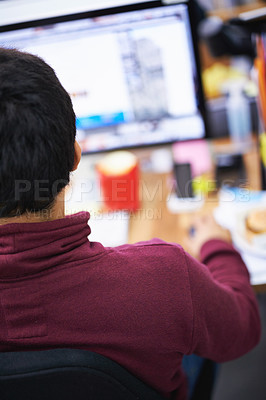 Buy stock photo Rear view, IT employee and computer in office with software for information technology, web development and programming. Young person or man with digital tech for cyber security database and internet