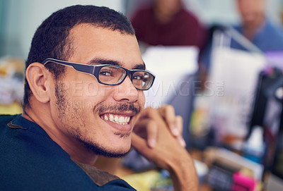 Buy stock photo Programmer, man and portrait in office for creative web development, programming or information technology. Business coding, worker or online designer in glasses for planning and startup project