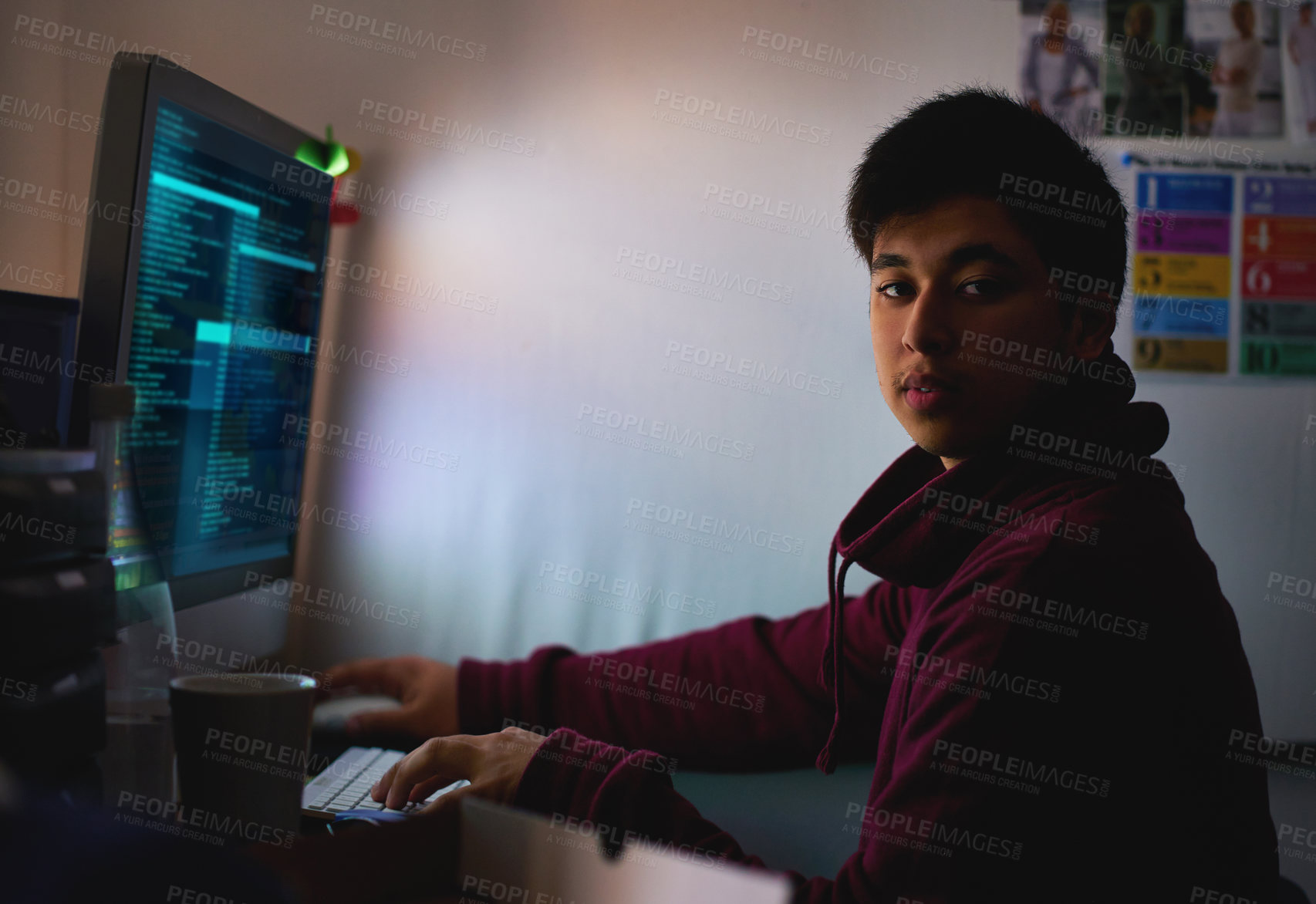Buy stock photo Night, portrait and man with computer for coding systems or designing software, cybersecurity and developer for company. Male person, programming or cloud engineer and malware with display of script