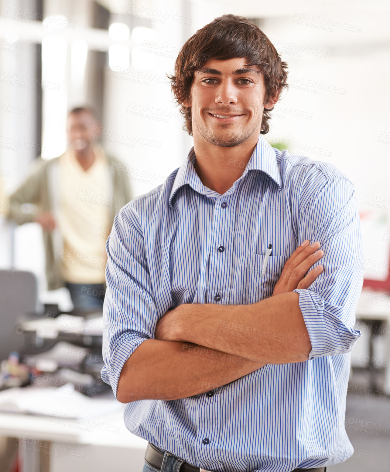 Buy stock photo Arms crossed, smile and portrait of business man in startup agency for creative, manager and designer. Professional, consultant and advisor with face of employee in office for entrepreneur career 