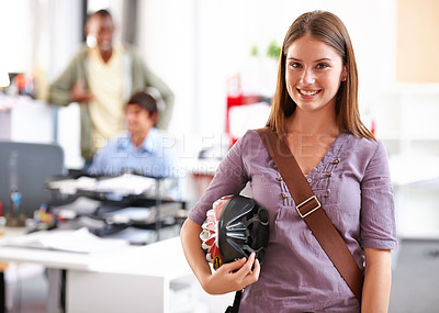 Buy stock photo Portrait, business woman and helmet in office with smile for commute to startup creative agency or employee. Entrepreneur, consultant with safety and happiness at workplace or job with employees
