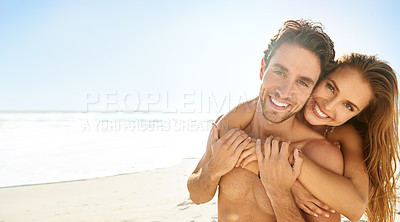 Buy stock photo Sea, couple and hug portrait on holiday with love, care and support together with a smile. Vacation, travel and ocean with honeymoon, date and outdoor in summer with bonding with mockup space