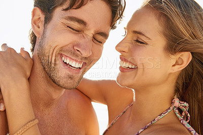 Buy stock photo Couple, happy laugh and holiday with hug, love and care together in the sun on vacation outdoor. Relax, smile and date by a beach with summer travel with funny joke and freedom with romance on a trip