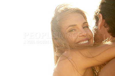 Buy stock photo Woman, portrait and hug man on outdoor vacation for happy embrace, summer or windy. Couple, mockup space and love connection for peaceful smile on holiday trip for bonding, environment or adventure