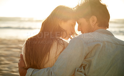 Buy stock photo Love, sunset and beach couple relax with summer sunshine, wellness and bonding on travel holiday in Greece. Forehead touch, romance and back of man, woman or people connect with devotion to soulmate