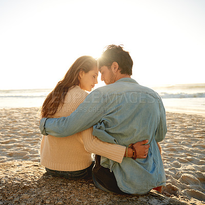 Buy stock photo Beach sunset, hug and couple relax with love, support and relationship security on summer holiday in Greece. Embrace, forehead touch and back of marriage partner, soulmate or people bonding on date