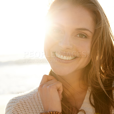 Buy stock photo Portrait, summer and woman on beach at sunset for travel, tropical vacation or island holiday closeup. Face, smile and nature with happy young tourist outdoor on coast by sea or ocean in paradise