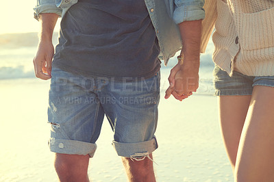Buy stock photo Beach, love and couple holding hands on relax walk, nature journey or travel holiday for outdoor wellness in Peru. Closeup, relationship partner or marriage people on romantic date on tropical island