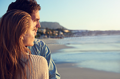 Buy stock photo Beach sunset, love and face of couple with view, outdoor wellness or travel vacation in Greece. Mockup space, commitment and relax people looking at nature, sea or ocean on weekend break together