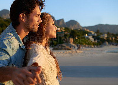 Buy stock photo Travel, love and young couple at beach on vacation, adventure or holiday for valentines day. Outdoor, holding hands and man with woman by ocean for weekend trip on romantic anniversary date at sunset