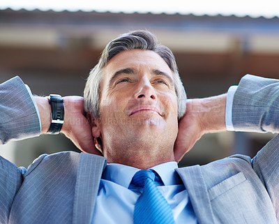 Buy stock photo Mature, business man and boss stretching to relax for productive day, break or satisfied with sale target. Professional, CEO or happy with thinking, project inspiration or achievement outdoor at work