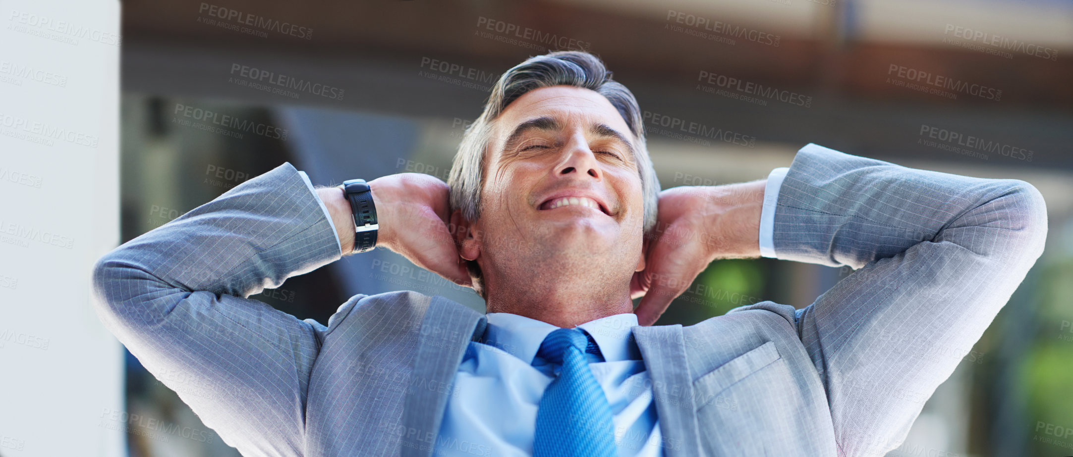 Buy stock photo Man, stretching and peace in office for business, relief and thinking of future in company. Mature estate agent, happy or calm in property agency for positive feedback, productive day or satisfaction