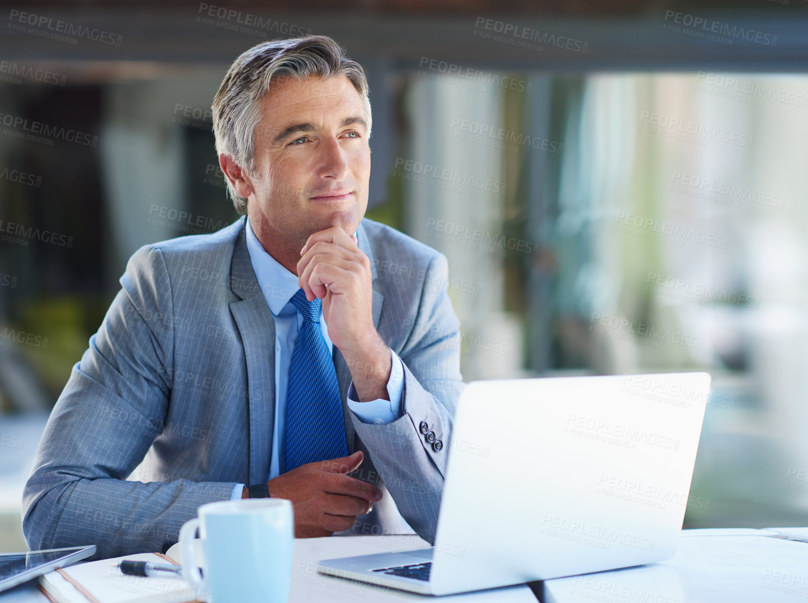 Buy stock photo Thinking, laptop and mature business man with ideas, solution and insight for finance company. Corporate office, professional and person with computer for problem solving, brainstorming and planning